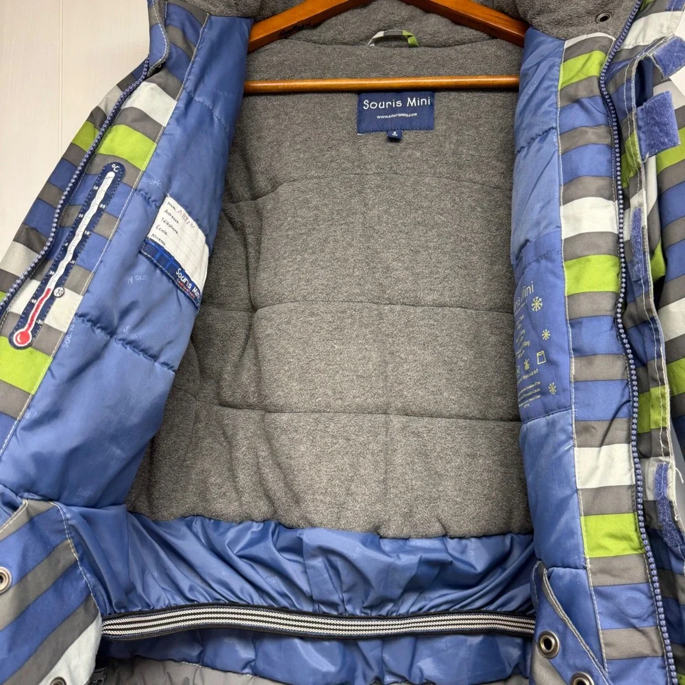 Souris Mini Boys Striped Hooded Winter Coat Blue Green Grey Fleece Lined Size 8